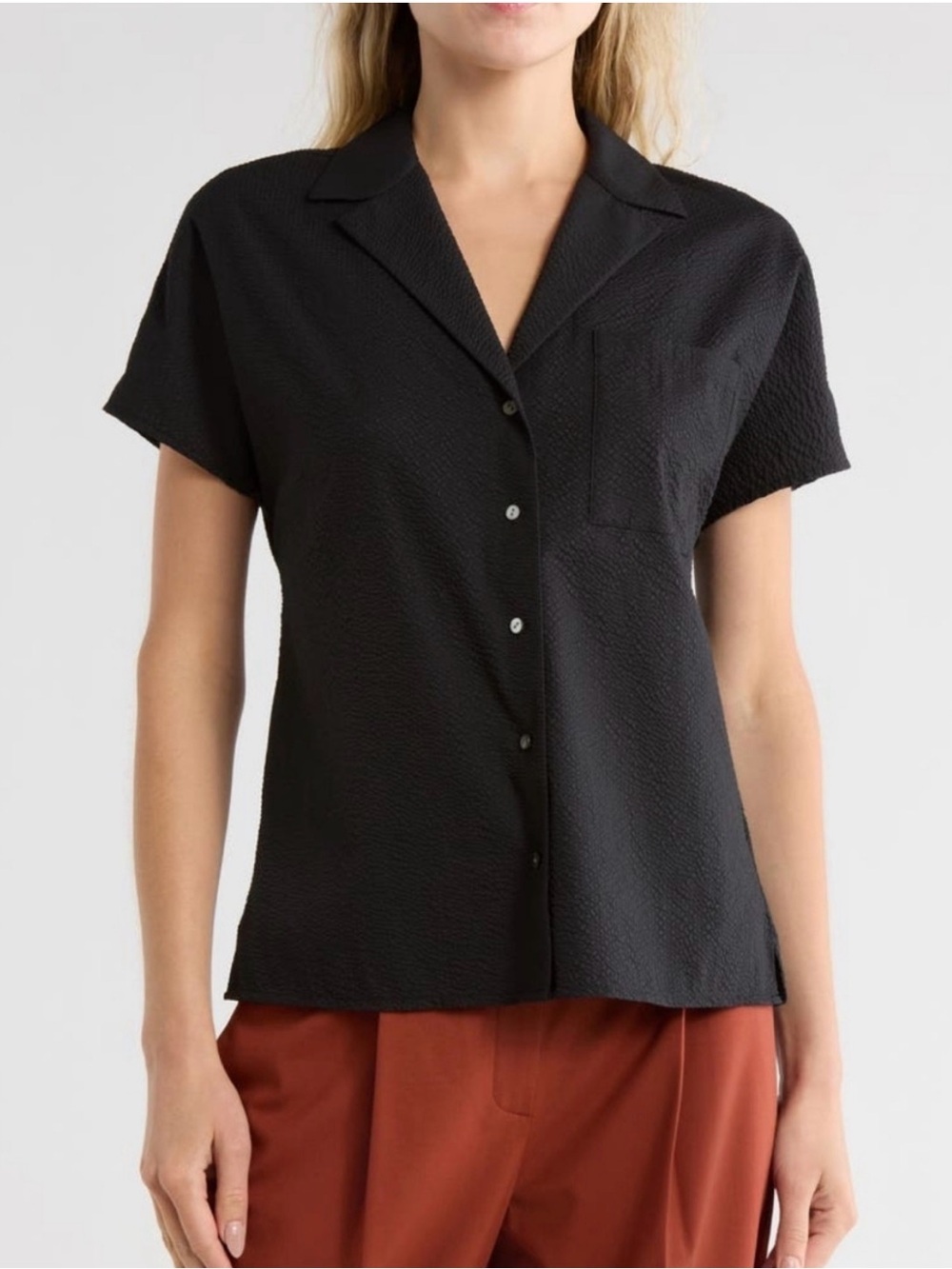 Theory Black Seersucker Button Up Short Sleeve